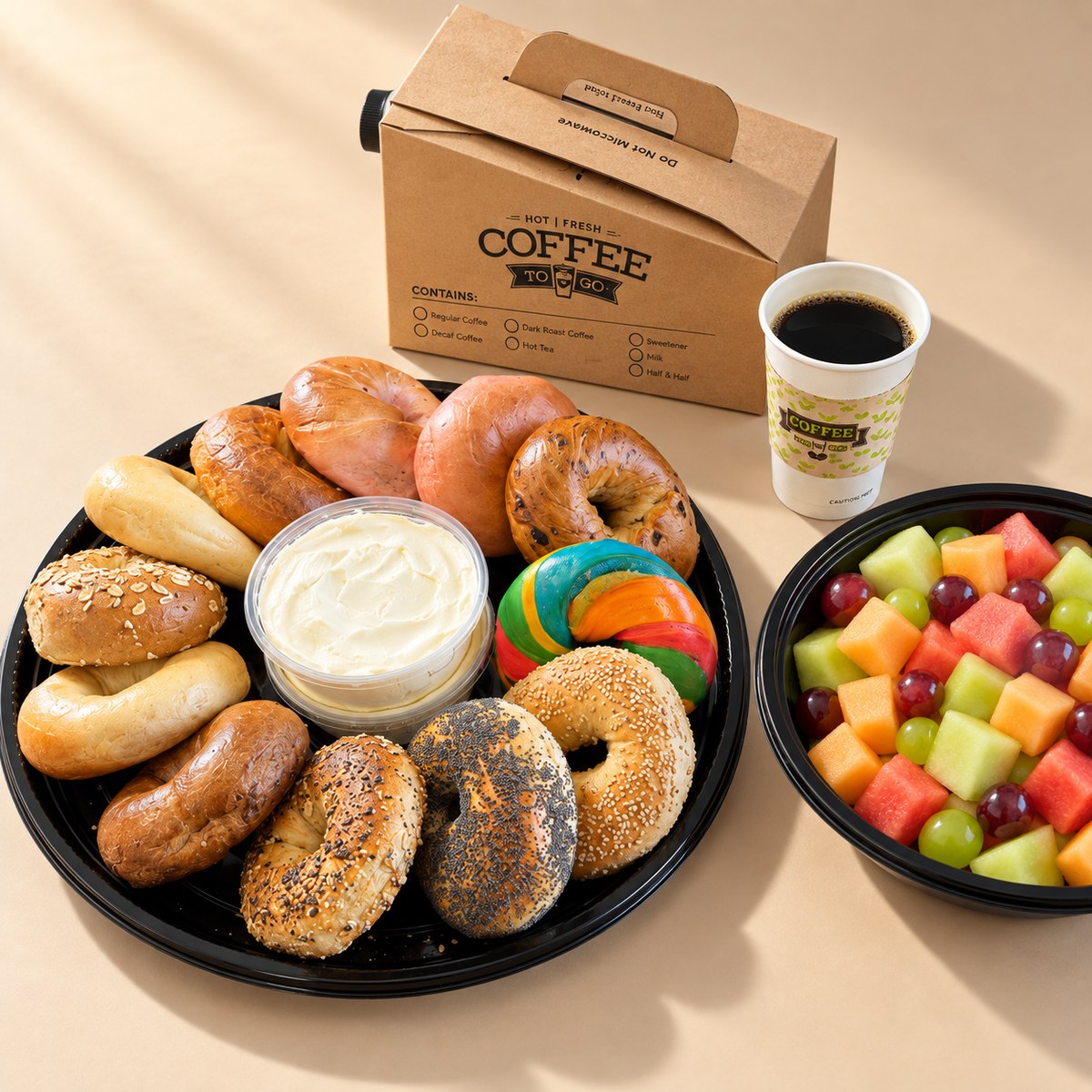 Morning meeting platter — assorted bagels with cream cheese, fruit, and coffee to go
