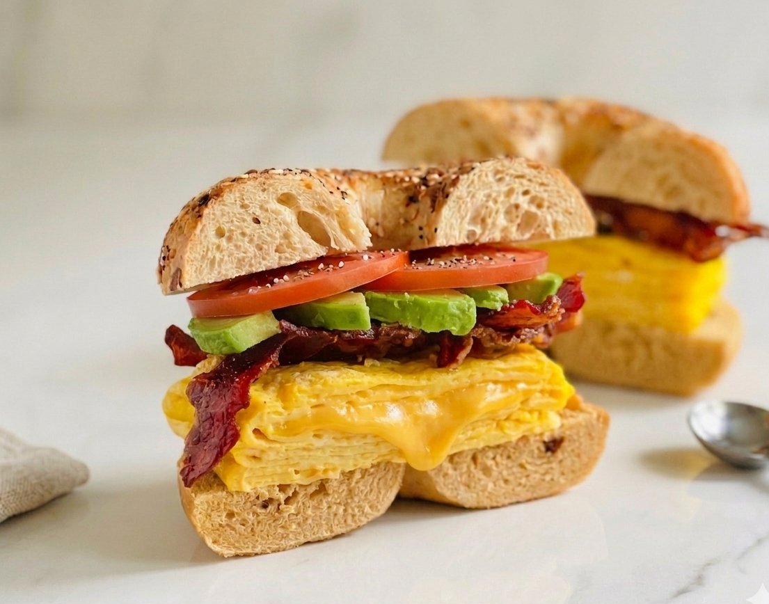 The Sunrise Bagel — eggs, bacon, avocado, tomato, melted cheddar